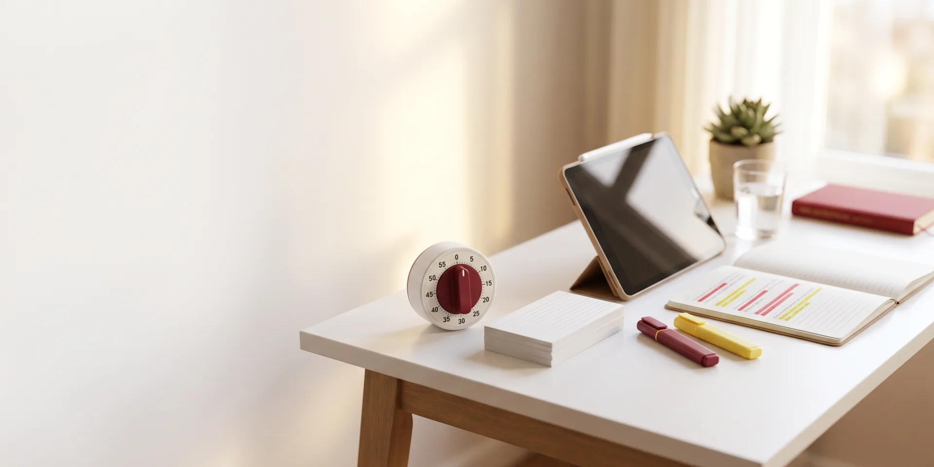 White desk with a timer, blank flashcards, red and yellow highlighters, a highlighted notebook, a tablet and a glass of water