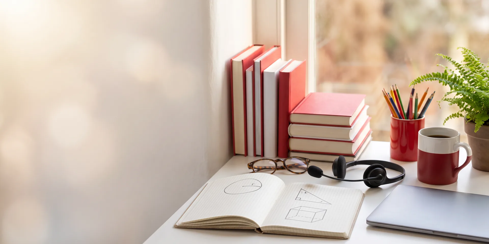 Bureau ensoleillé avec des livres rouges et blancs, un cahier ouvert de croquis de géométrie, des lunettes, une tasse de café et un casque d’écoute