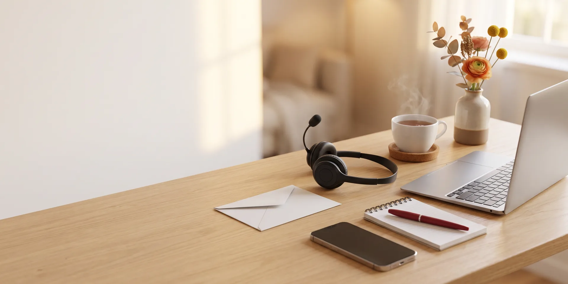 Bureau en bois chaleureux avec un téléphone, une enveloppe blanche, un bloc-notes et un stylo rouge, un casque d’écoute, un portable et une tasse de thé