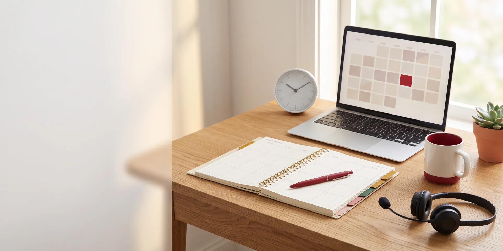 Bureau en bois avec un agenda ouvert et un stylo rouge, un portable affichant un calendrier, une horloge, une tasse et un casque d’écoute
