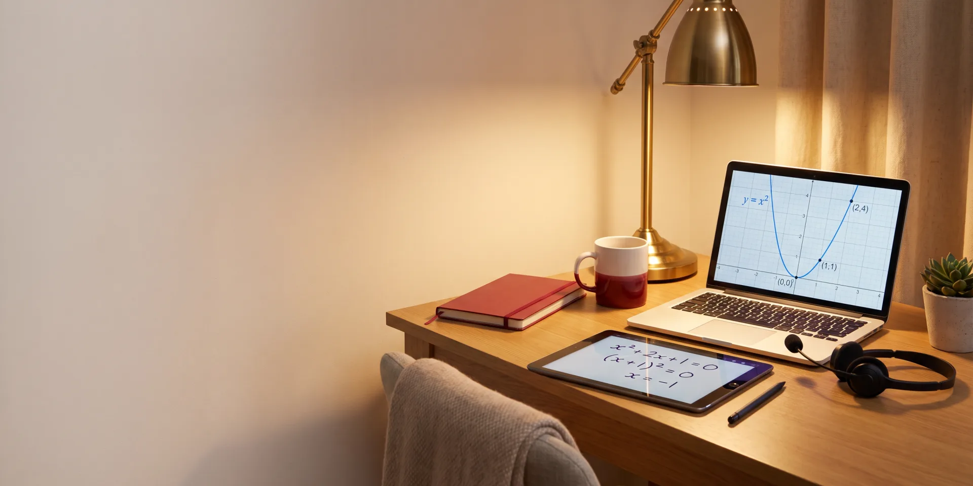 Bureau en soirée avec un portable affichant une parabole, une tablette avec de l’algèbre et un casque d’écoute pour le tutorat en ligne