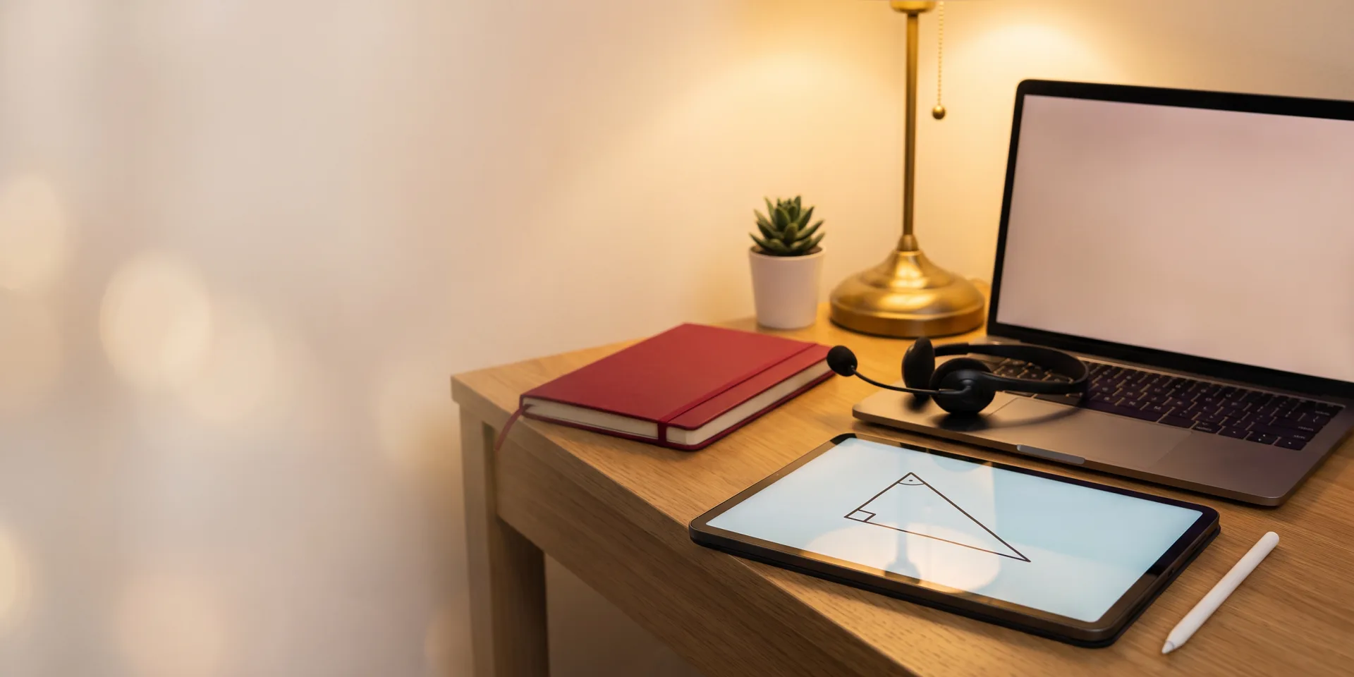 Bureau en soirée avec une tablette affichant un triangle rectangle, un stylet, un portable, un carnet rouge et un casque d’écoute